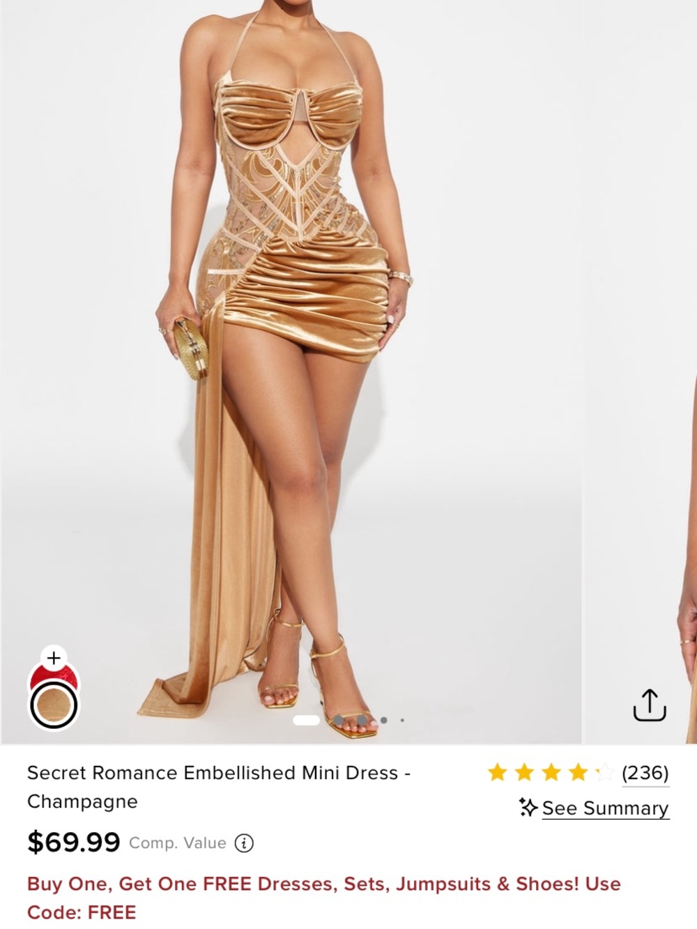 Fashion Nova Gold Embellished Velvet Mini Dress with Draped Train